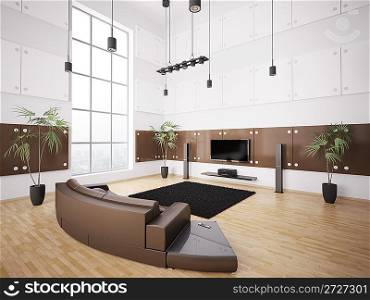 Living room with brown sofa and lcd interior 3d render