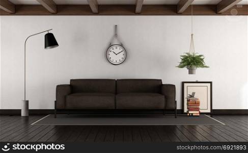 Living room with brown sofa. Living room with brown leather sofa on dark wood parquet - 3d rendering
