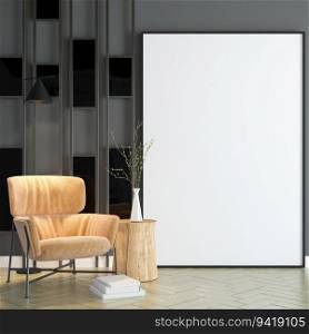 Living room with chair and wall frame, 3D style.