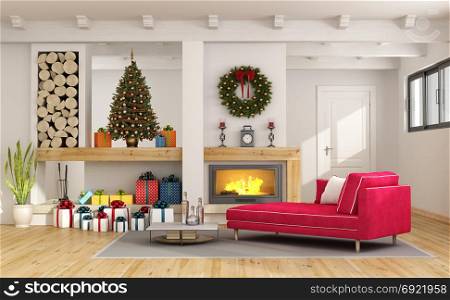 Living room with christmas tree, fireplace and red chaise lounge - 3d rendering