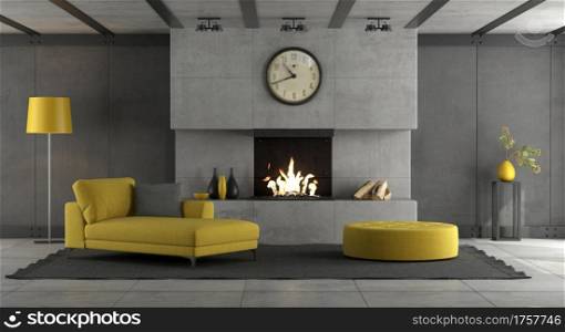 Living room with concrete wall ,fireplace and yellow furnishings - 3d rendering. Living room with fireplace and yellow furnishings