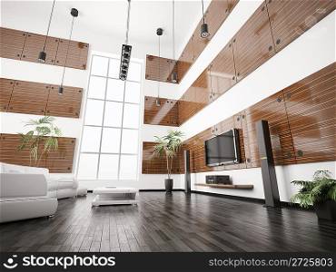 Living room with ebony wood panels interior 3d render