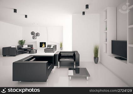 Living room with fireplace interior 3d render