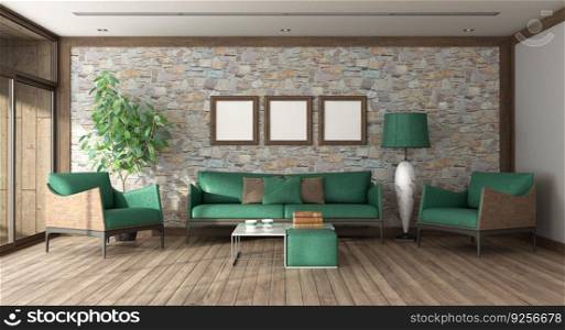 Living room with green sofa and armchairs with stone wall in the background - 3d rendering. Living room with gree and wooden furniture on stone wal