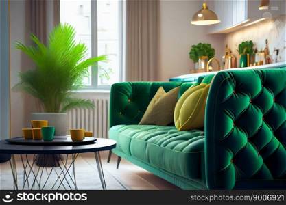  Living room with green sofa.  Generative AI 