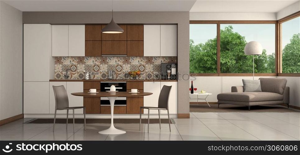 Living room with modern kitchen , round dining table and chaise lounge on background - 3d rendering. Living room with modern kitchen and round table