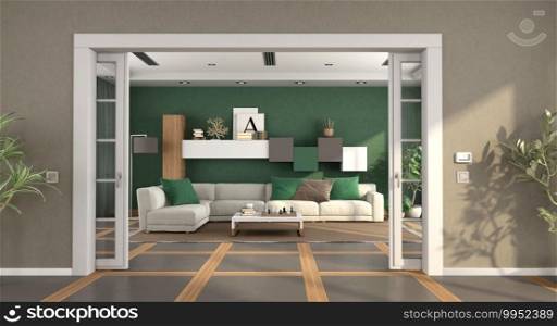 living room with open sliding door and sofa on background - 3d rendering. Modern living room with sliding door and elegant sofa