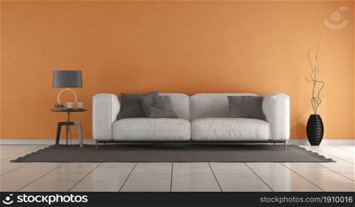 Living room with orange wall and white sofa on black carpet - 3d rendering. Living room with orange wall and modern sofa