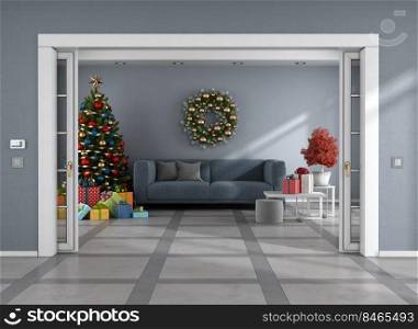 Living room with sliding door . Christmas Tree,gift ,decoration and blue sofa - 3d rendering. Living room with Christmas Tree . blue sofa and sliding door