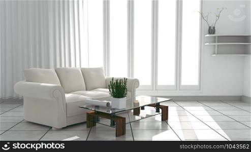 Living room with sofa have pillows, lamp and vase with flowers on white wall background, 3D rendering