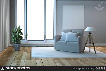 Living room with sofa have pillows, lamp with flowers on white wall background, 3D rendering