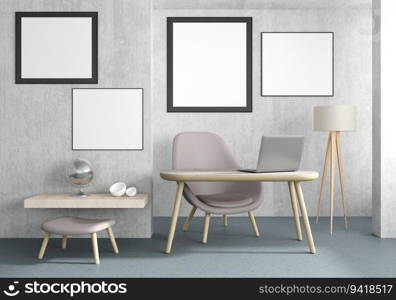 Living room with table, chair and wall frame, 3D style