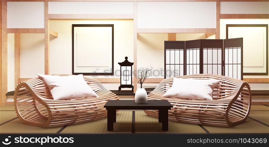 living room with table low ,wood floor and tatami mat. 3D rendering