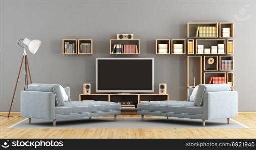 Living room with television set and bookcase. Blue living room with television set ,bookcase and two chaise lounge - 3d rendering