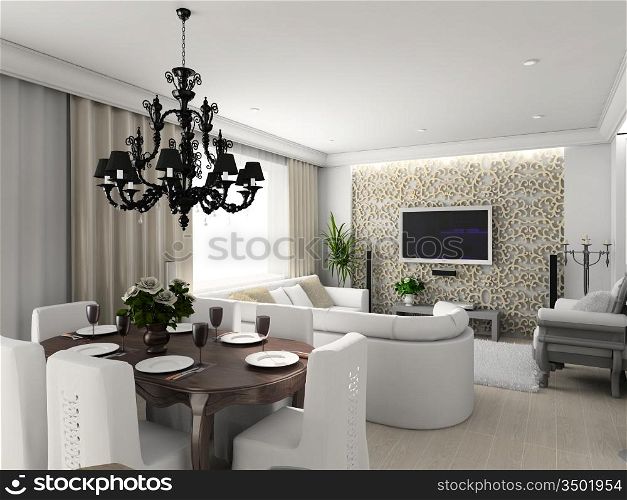 living-room with the classic furniture. 3D render. Interior with TV set.
