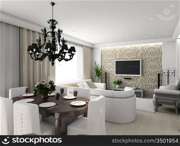 living-room with the classic furniture. 3D render. Interior with TV set.