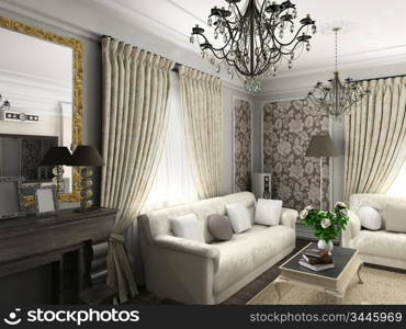 living-room with the classic furniture. 3D render. Living-room.