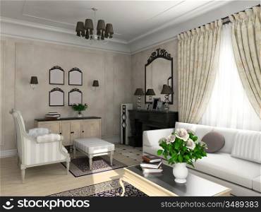 living-room with the classic furniture. 3D render. Living-room.