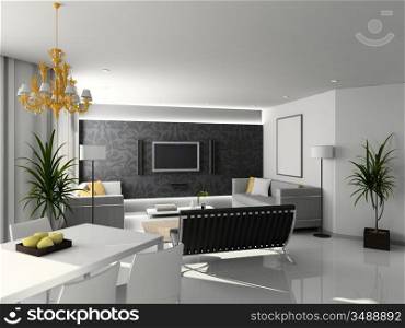 living-room with the modern furniture. 3D render. Interior with TV set.