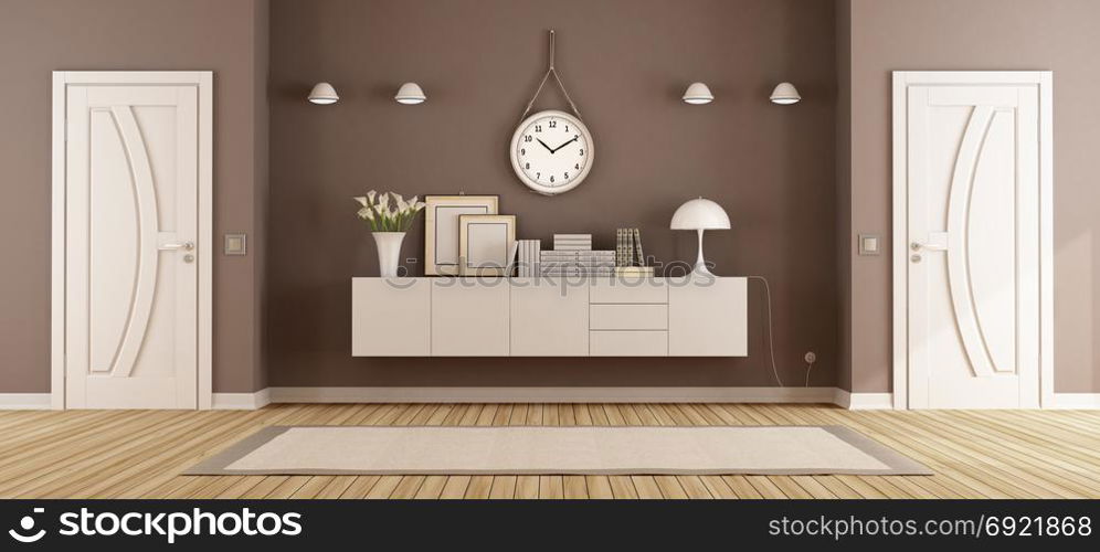 Living room with two doors and sideboard. Living room with two closed doors and sideboard with books,lamp and flowers - 3d rendering