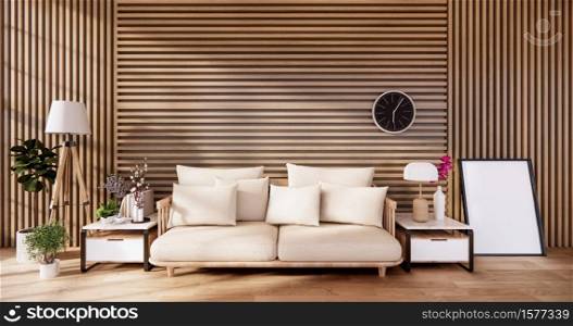 living room with white sofa on zen interior design wooden wall design. 3D rendering