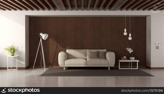 Living room with white walls,modern sofa against wooden paneling and roof beams - 3d rendering. Modern living room with modern sofa against wooden paneling