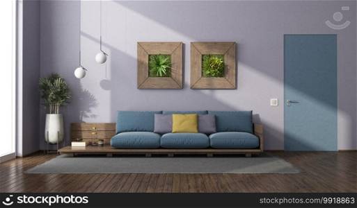 Living room with wooden sofa, flush wall door and houseplants - 3d rendering. Modern living room with wooden sofa with blue cushion