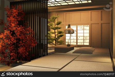 Living room wood japanese interior design.3D rendering