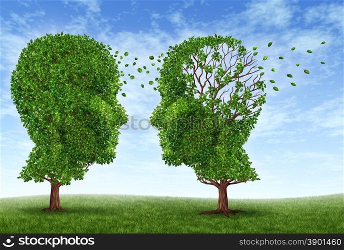 Living with alzheimers disease with two trees in the shape of a human head and brain as a symbol of the stress and effects on loved ones and caregivers by the loss of memory and cognitive intelligence function.
