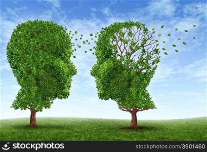 Living with alzheimers disease with two trees in the shape of a human head and brain as a symbol of the stress and effects on loved ones and caregivers by the loss of memory and cognitive intelligence function.