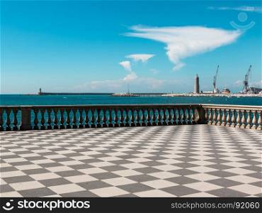 Livorno' s Mascagni Terrace, Lighthouse and Cranes in Background, Tuscany - Italy