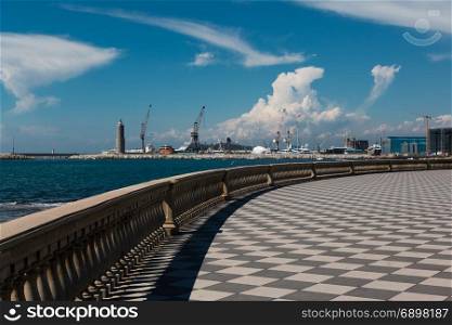 Livorno&rsquo; s Mascagni Terrace, Shipyard and Cranes in Background, Tuscany - Italy