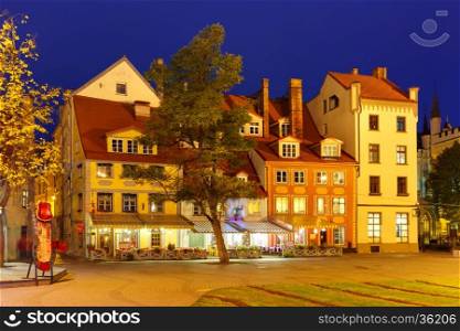Livu Square or Livu laukums with old houses in Old Town of Riga at night, Latvia