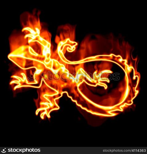 Lizard surrounded by fire on a white background