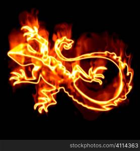 Lizard surrounded by fire on a white background