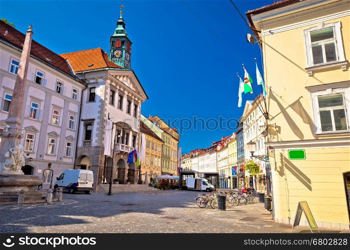 Ljubljana central square city hall and old architecture view, capital of Slovenia