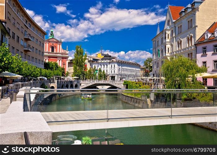 Ljubljana city center on green river Ljubljanica, capital of Slovenia