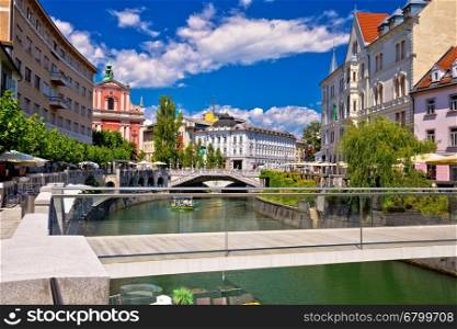 Ljubljana city center on green river Ljubljanica, capital of Slovenia