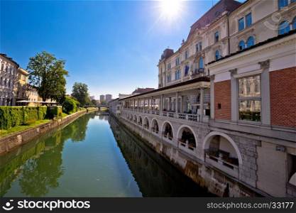 Ljubljana river and city riverfront view, capital of Slovenia