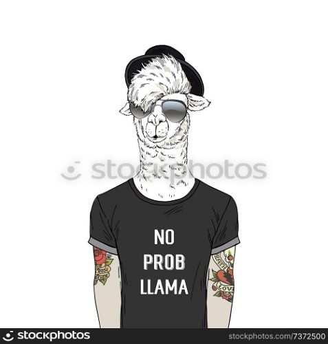 Llama man hipster with tattoo dressed up in cool tee shirt with quote. Anthropomorphic animal illustration. Hand drawn vector graphic.. animal dressed up in, anthropomorphic animal illustration