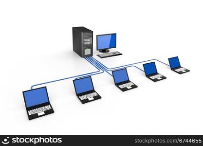 Llaptop network connected to server. 3D rendering