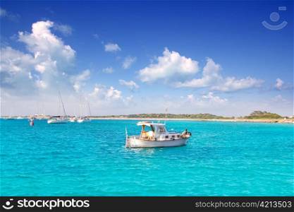 llaut white boat in Formentera Illetes near Ibiza Balearic islands