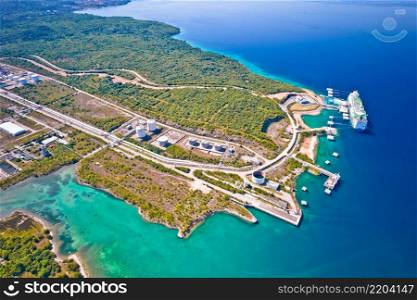 LNG terminal on Krk island aerial view, energy port in Croatia