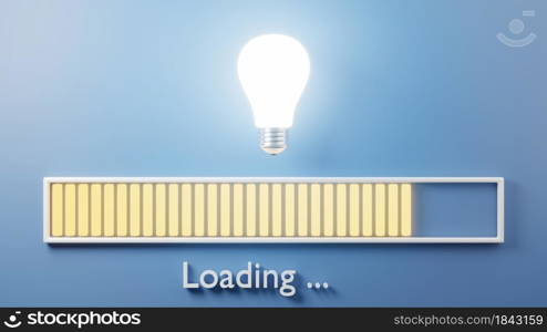 Loading bar progressing with bulb almost complete, Idea loading concept, lightbulb big idea innovation on blue background, 3D rendering illustration