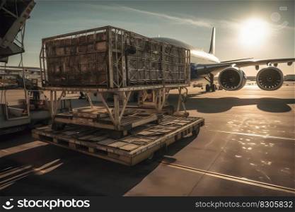 loading cargo outside cargo plane. Neural network AI generated art. loading cargo outside cargo plane. Neural network AI generated