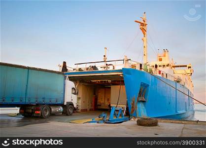 Loading ferry boat in the port of Crimea. Ferry between port Crimea, Kerch, and port Caucasus.