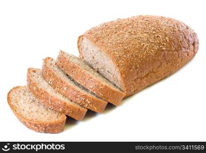 loaf and slices of whole rye bread isolated on white background