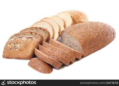 loaf and slices of whole rye bread, white long loaf, isolated on white background