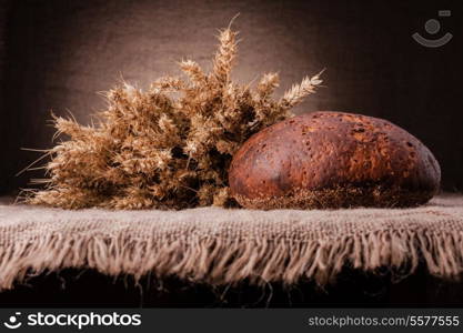 Loaf of bread and rye ears still life on rustic background