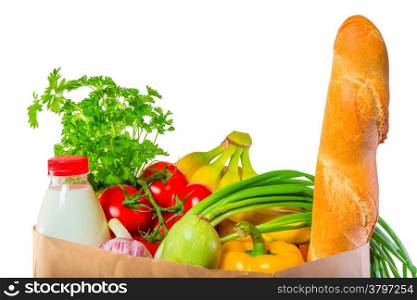 loaf of bread, milk and vegetables in the package on white background